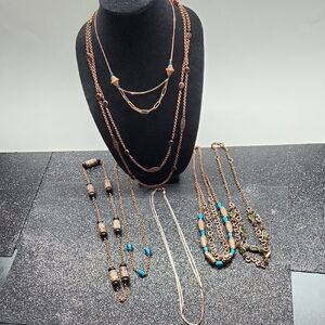 Bundle Of 7 Copper-tone Necklaces With Colored Glass Beads